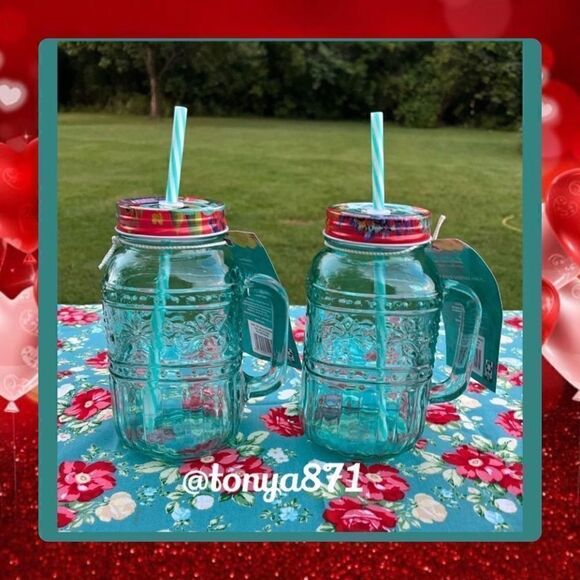 🦋 New Pioneer Woman Delaney CASSIE Glass Mason Jars with Lids & Straw’s - Picture 3 of 5